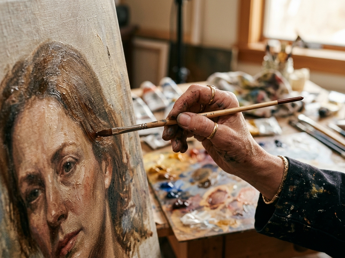 Step 03: Master artist painting oil portrait on archival canvas